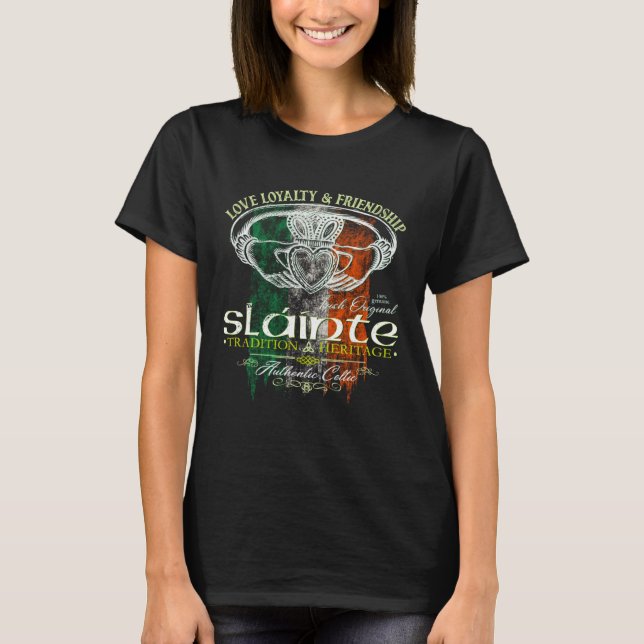 Celtic Claddagh Slainte Grunge Irish Flag St Patri T Shirt (Framsida)