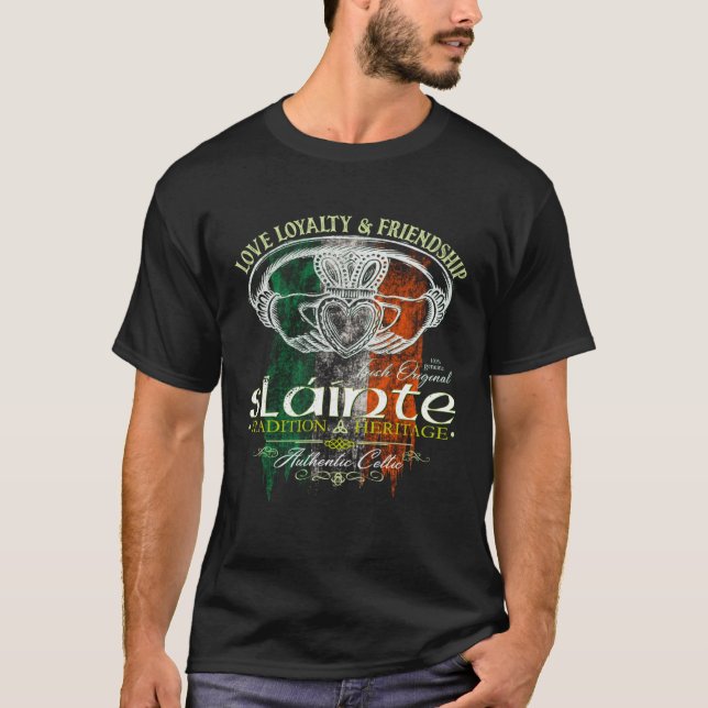 Celtic Claddagh Slainte Grunge Irish Flagga St Pat T Shirt (Framsida)