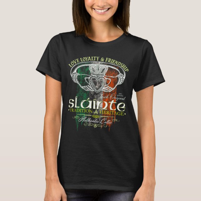 Celtic Claddagh Slainte Nge Irish Flag St. Patrick T Shirt (Framsida)