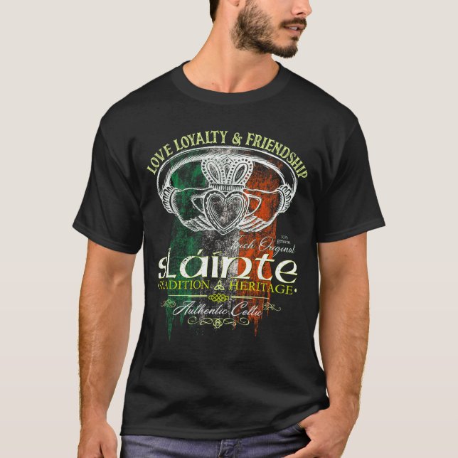 Celtic Claddagh Slainte Nge Irish Flag St. Patrick T Shirt (Framsida)
