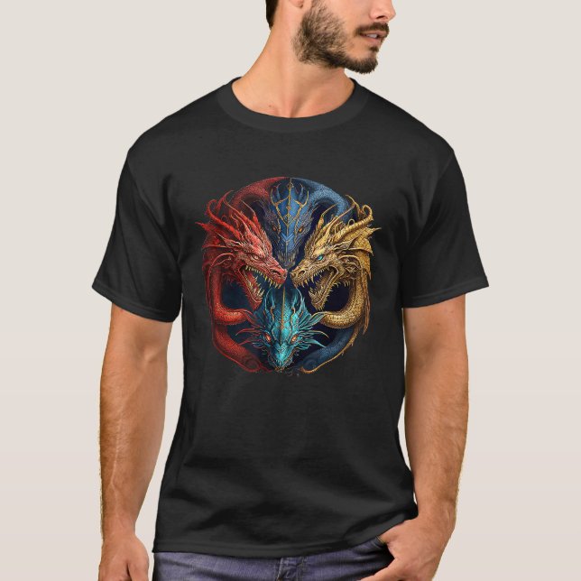 Celtic Fantasy Rainbow Dragons T Shirt (Framsida)