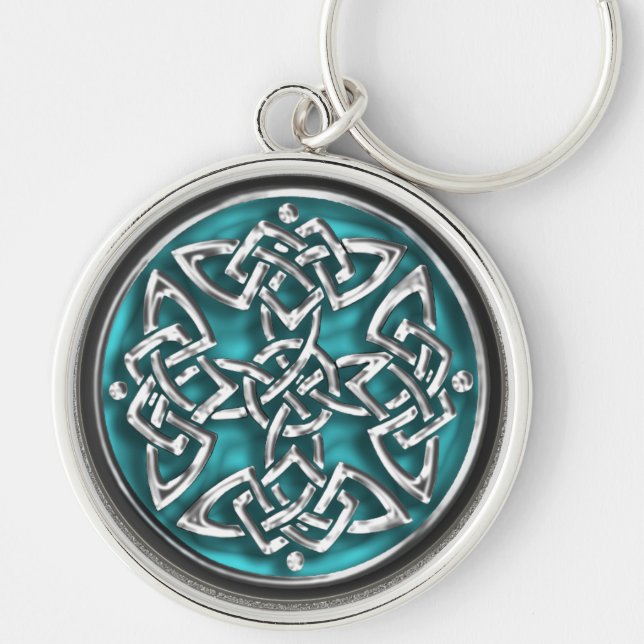 Celtic fnurra Keychain för Aqua och för silver Rund Silverfärgad Nyckelring (Framsidan)