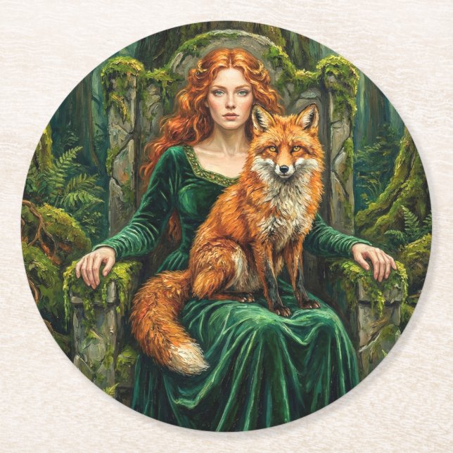Celtic Forest Queen Red Fox Witch Fantasy Art ( Underlägg Papper Rund (Framsidan)