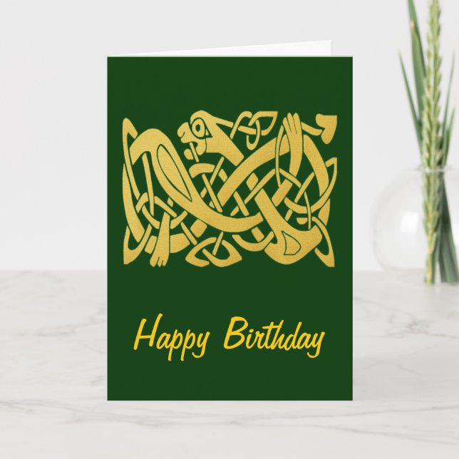 Celtic Golden Snake on Mörk grönt Birthday Card Kort (Framsida)
