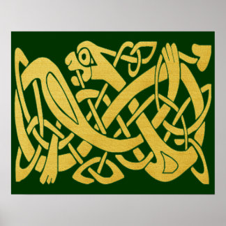 Celtic Golden Snake on Mörk grönt Poster