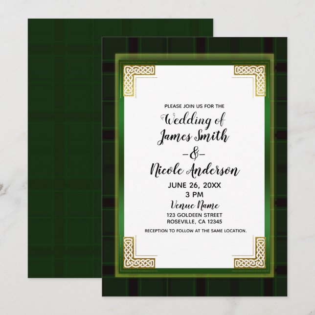 Celtic Grönt Guld Play Tartan White Irish Bröllop Inbjudningar (Fram/baksida)