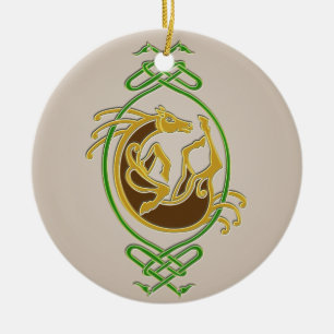 Celtic Horse Knotwork - Grönt & Guld Julgransprydnad Keramik