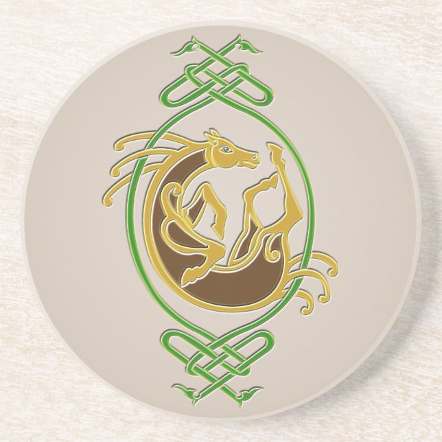 Celtic Horse Knotwork - Grönt & Guld Underlägg Sandsten (Framsidan)