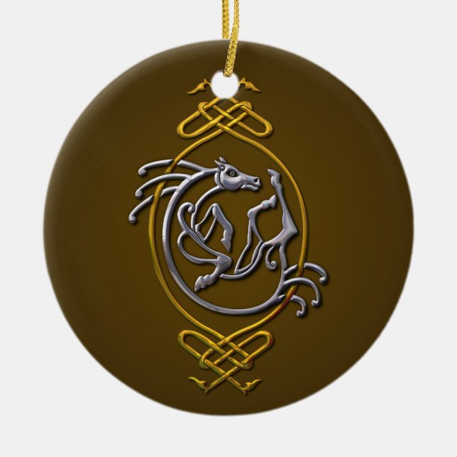 Celtic Horse Knotwork - Silver & Guld Julgransprydnad Keramik (Framsidan)