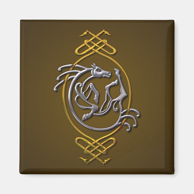 Celtic Horse Knotwork - Silver & Guld Magnet (Framsidan)