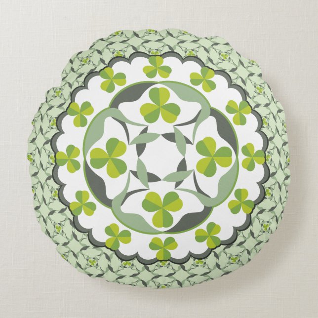 Celtic Inspired Shamrock Grönt Klöver Mönster Rund Kudde (Framsidan)
