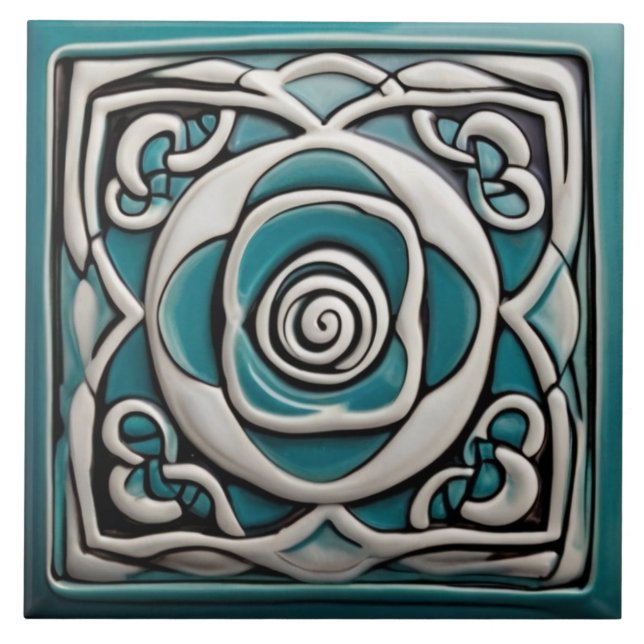 Celtic Inspired Turcos och Vit ros Flower Kakelplatta (Framsidan)