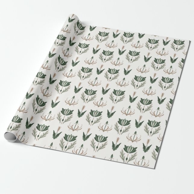 Celtic Irish Blommigt Botanical Grönt Beige Presentpapper (Utrullad)