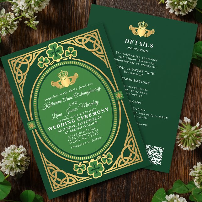 Celtic Knot Claddagh Shamrock Bröllop Grön QR Inbjudningar (Skapare uppladdad)