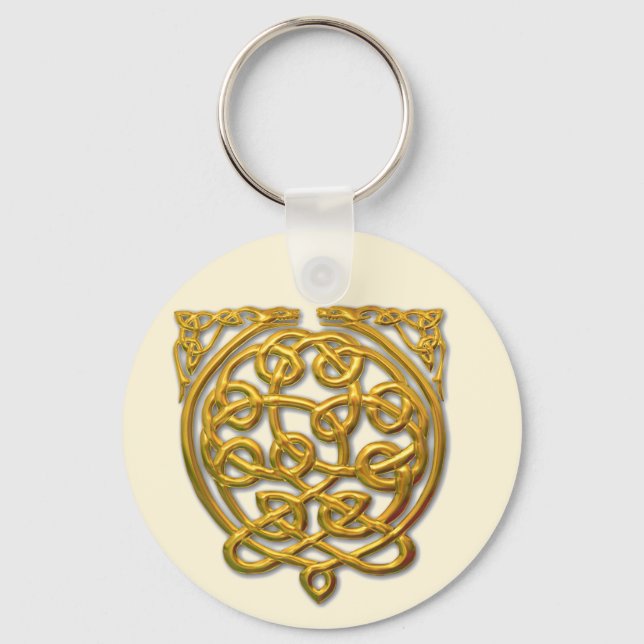 Celtic Knot Dragons - Guld Nyckelring (Framsida)