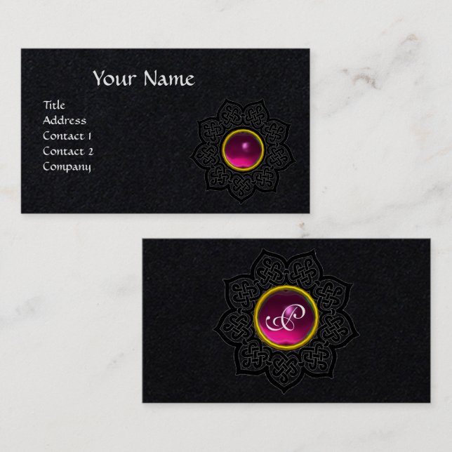 CELTIC KNOT FLOWER FUCHSIA GEMSTONE MONOGRAM Black Visitkort (Fram/baksida)