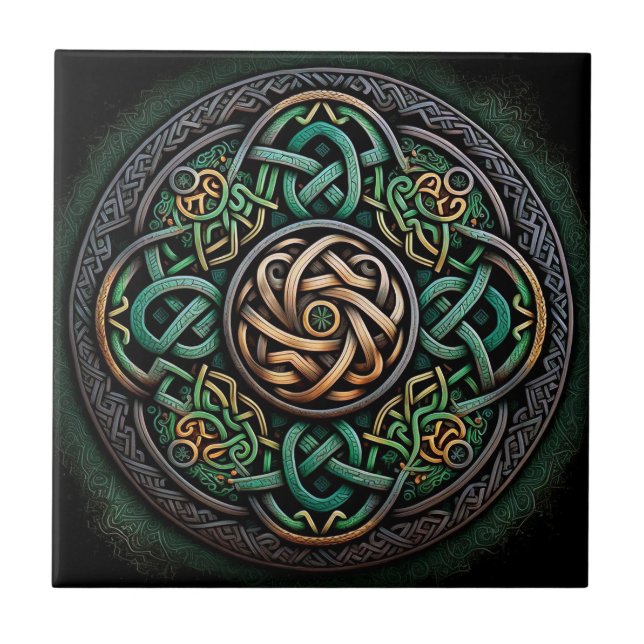Celtic Knot Grönt Guld Knotwork Kakelplatta (Framsidan)