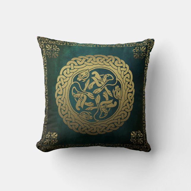 Celtic Knot Hundar Mörk Tvättat Grönt Kudde (Framsida)