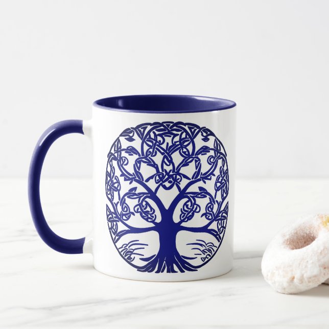 Celtic Knot Livets träd Blue on White Mugg (Med munk)
