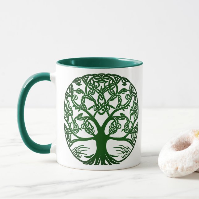 Celtic Knot Livets träd Grönt on White Mugg (Med munk)