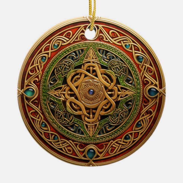 Celtic Knot Red Grönt Guld Knotwork Julgransprydnad Keramik (Framsidan)