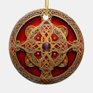 Celtic Knot Red Guld Knotwork Julgransprydnad Keramik