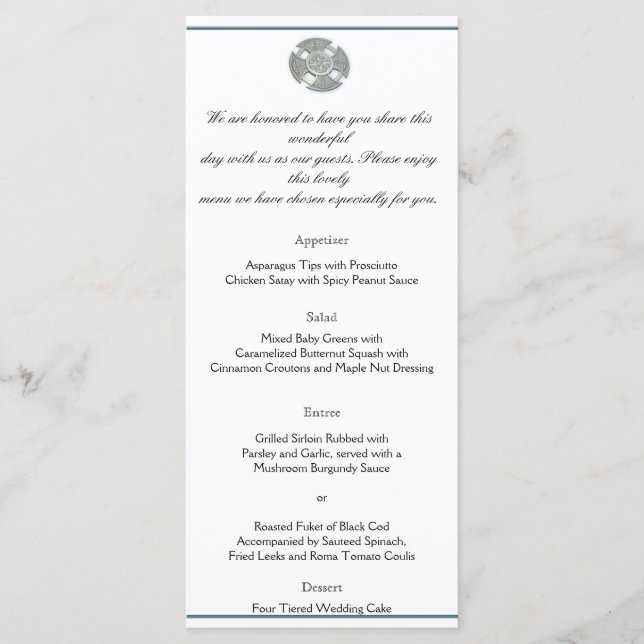 Celtic Kor i Silver och White Bröllop Menu Meny (Framsida)