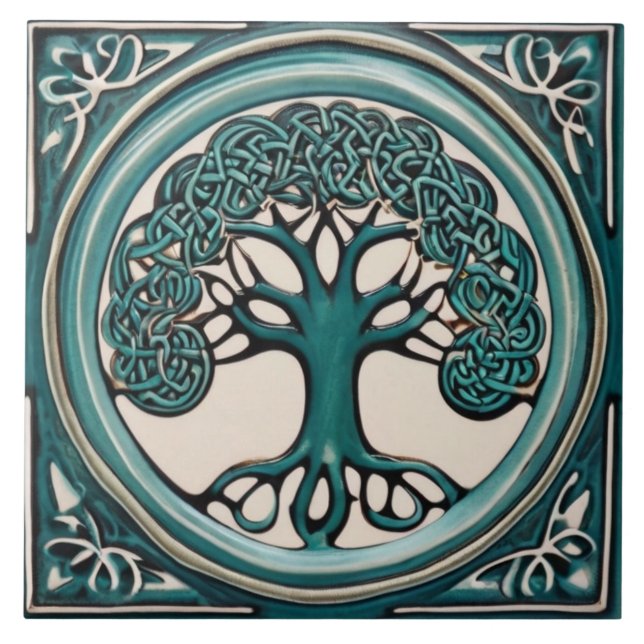Celtic Livets träd Aqua Turquise Faux Relief Kakelplatta (Framsidan)
