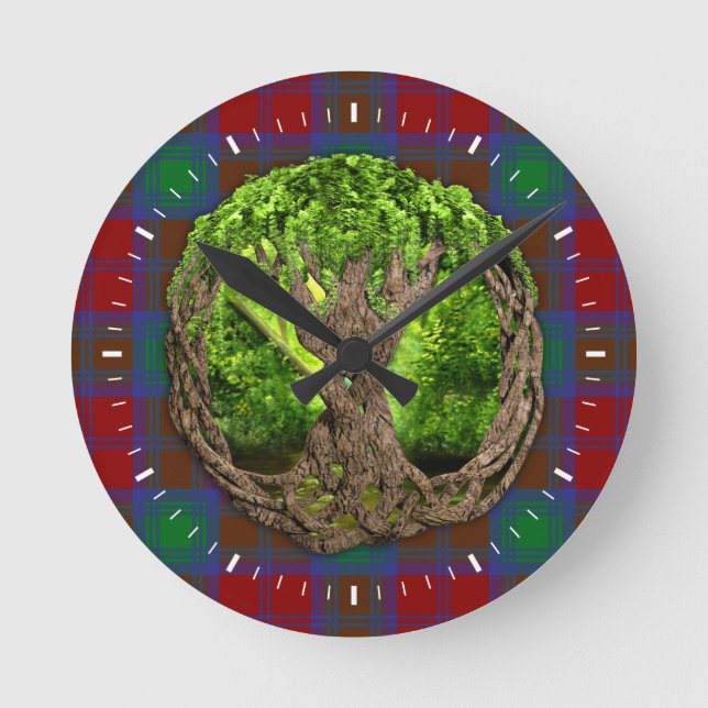 Celtic livets träd- och klanLindsay Tartan Rund Klocka (Framsida)