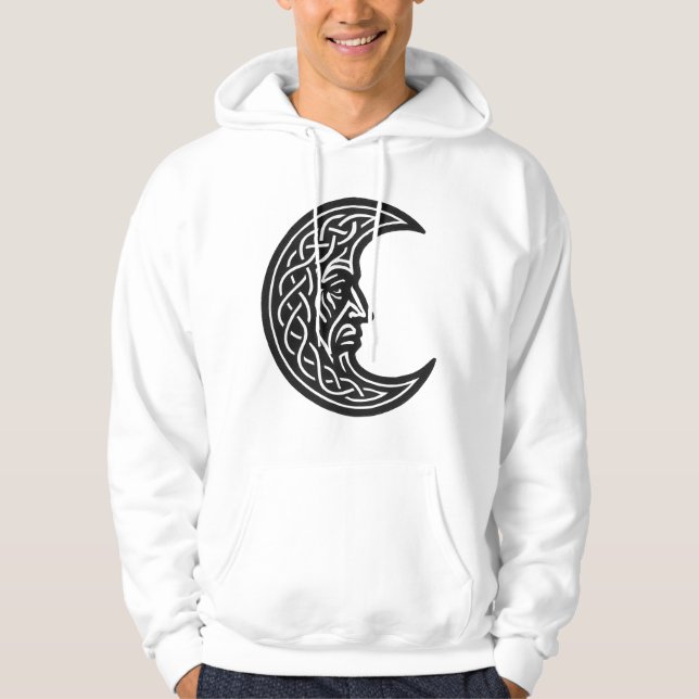 Celtic Moon‑Face Knotwork – Monochrome Ink Emblem Hoodie (Framsida)