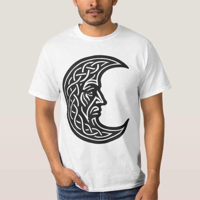 Celtic Moon‑Face Knotwork – Monochrome Ink Emblem T Shirt (Framsida)