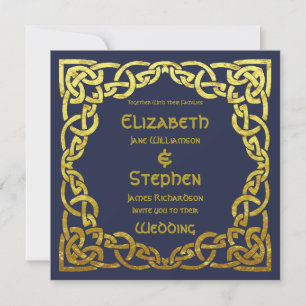 Celtic Navy Blue Faux Guld Celtic Knot Bröllop Inbjudningar