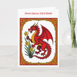 Celtic Red Dragon Holding a Daffodil Kort