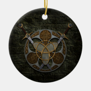 Celtic skyddar och svärd julgransprydnad keramik