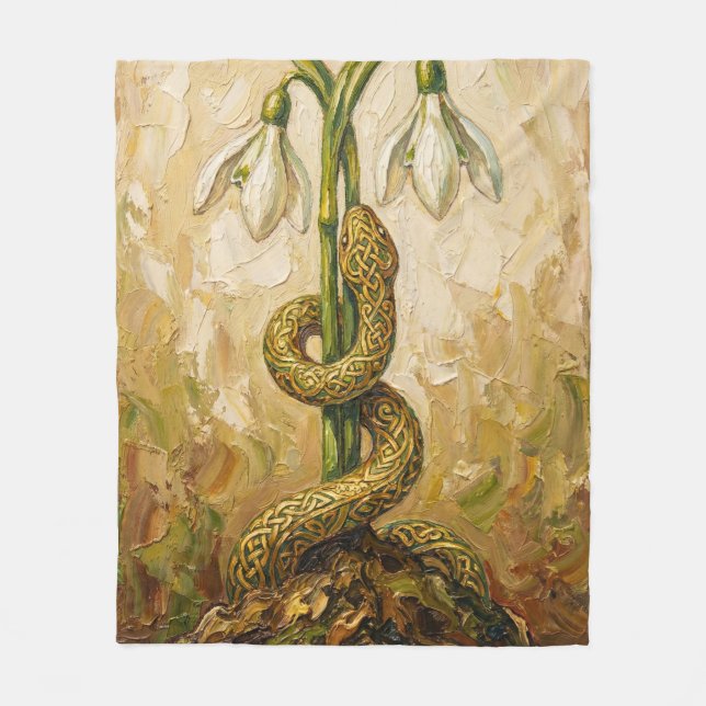 Celtic Snake Snowdrops Imbolc Rebirth Fantasy Art Fleecefilt (Framsidan)