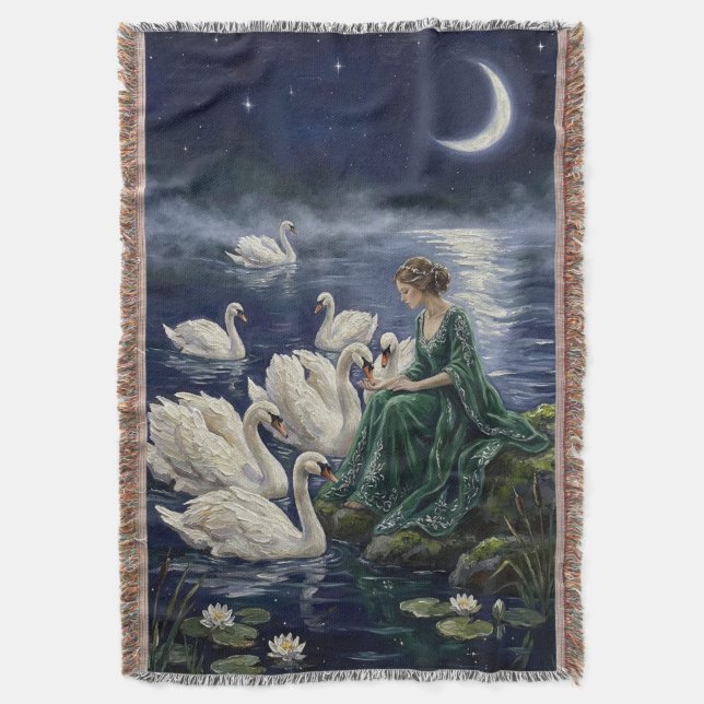 Celtic Swans Moonlit Lake Night Fantasy Art Filt (Framsidan Vertikal)