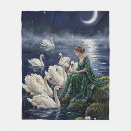 Celtic Swans Moonlit Lake Night Fantasy Art Fleecefilt