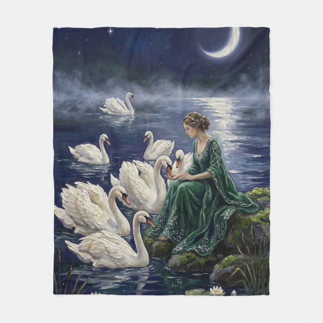 Celtic Swans Moonlit Lake Night Fantasy Art Fleecefilt (Framsidan)