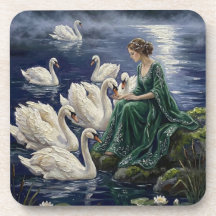 Celtic Swans Moonlit Lake Night Fantasy Art
