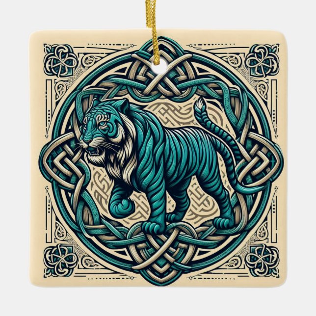 Celtic Tiger Beige Square Julgransprydnad Keramik (Framsida)