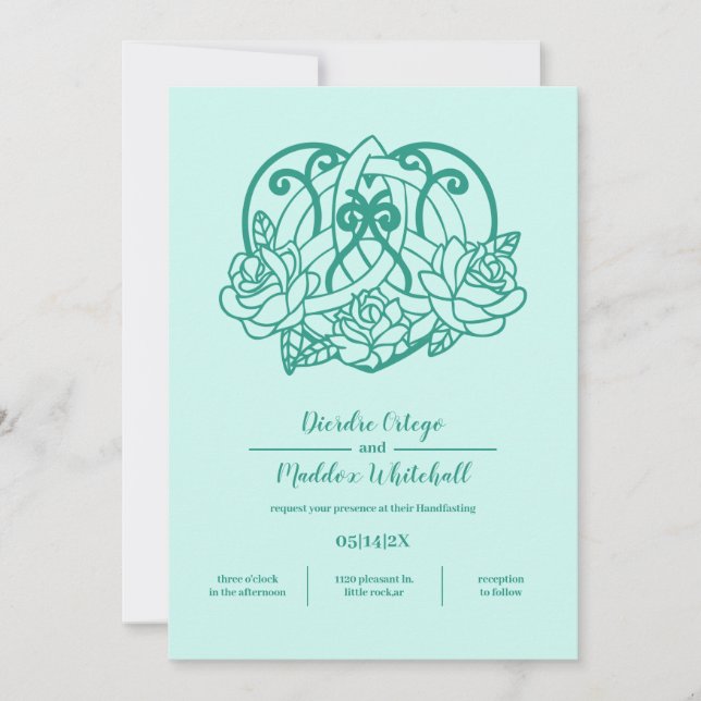 Celtic Triquetra Hjärtat Knot Flora Teal Handfasta Inbjudningar (Framsida)