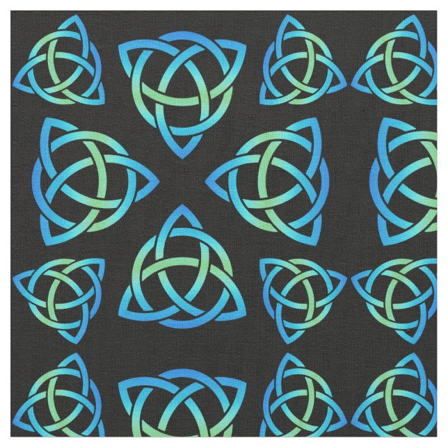 Celtic Triquetra Mönster Blues and Grönt on Black Tyg (Närbild)