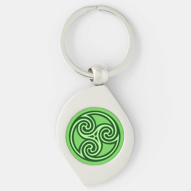 Celtic Triskele Ornament, Lime och Mörk grönt Swirl Silverfärgad Nyckelring (Framsidan)