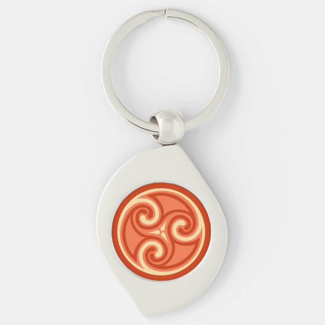 Celtic Triskele Ornament, Mandarin Orange Swirl Silverfärgad Nyckelring (Framsidan)