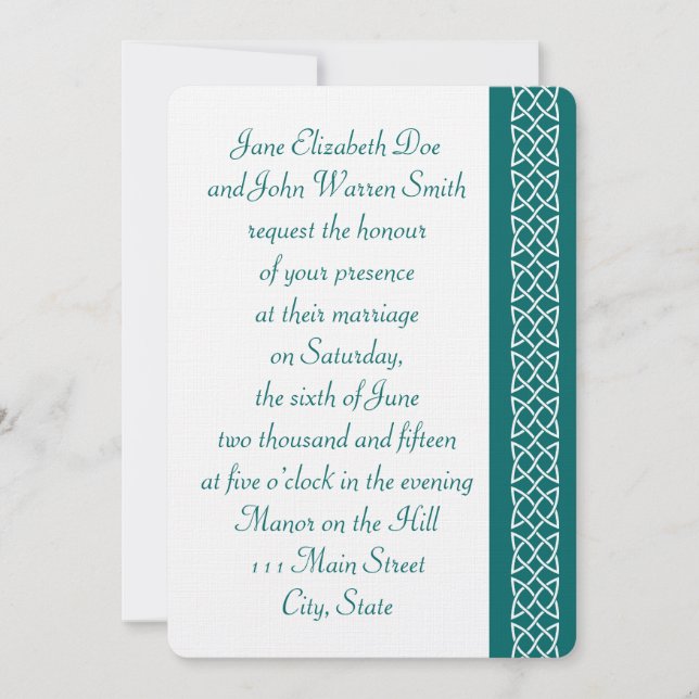 Celtic Weave Hearts in Teal Wedding bjudande Inbjudningar (Framsida)