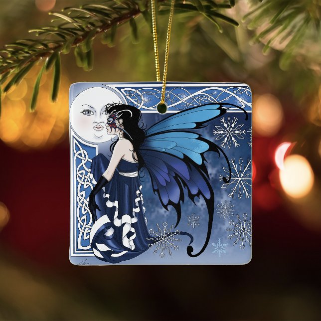 Celtic Winter Moon Fairy Blue Snowflakes Fantasy Julgransprydnad Keramik (Skapare uppladdad)