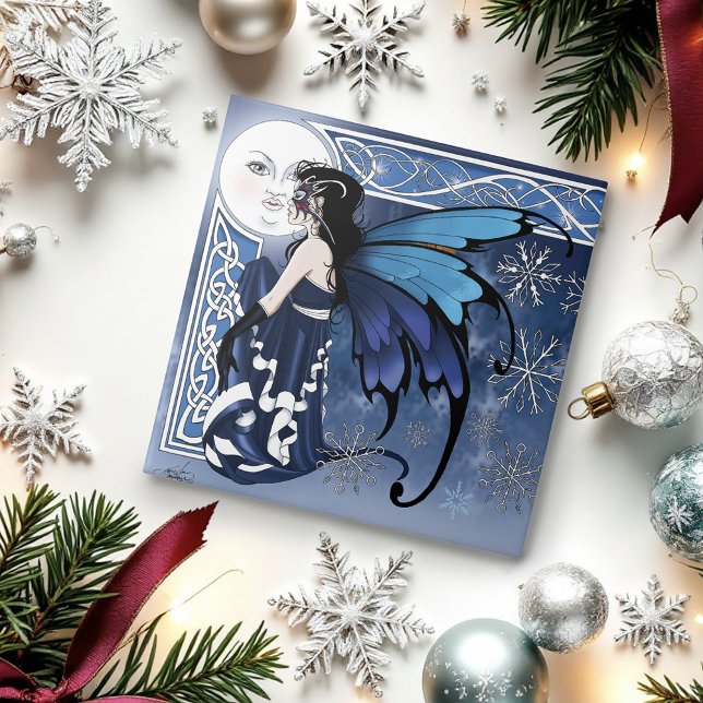 Celtic Winter Moon Fairy Blue Snowflakes Fantasy Kakelplatta (Skapare uppladdad)
