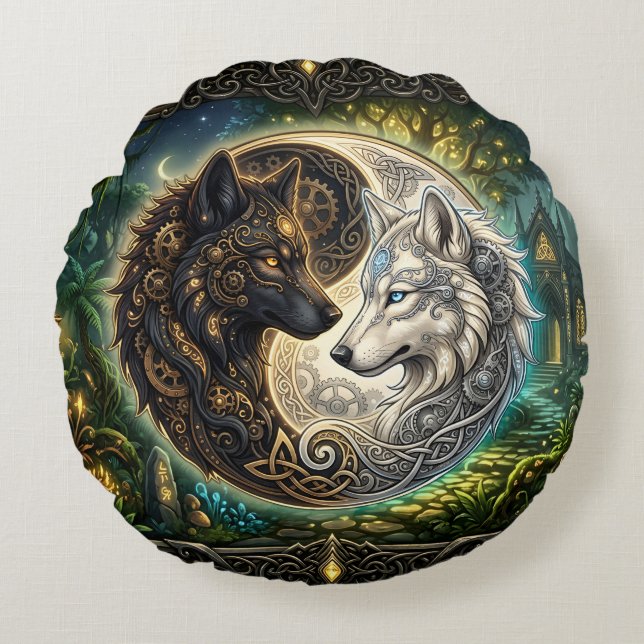 Celtic Yin Yang Vargar – Steampunk Harmoni.  Rund Kudde (Framsidan)