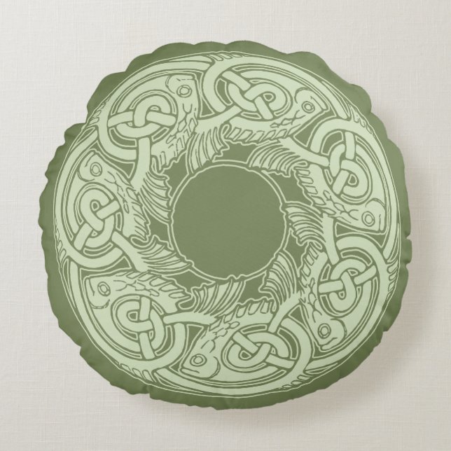 CelticKnotwork fisk i grönt Rund Kudde (Framsidan)