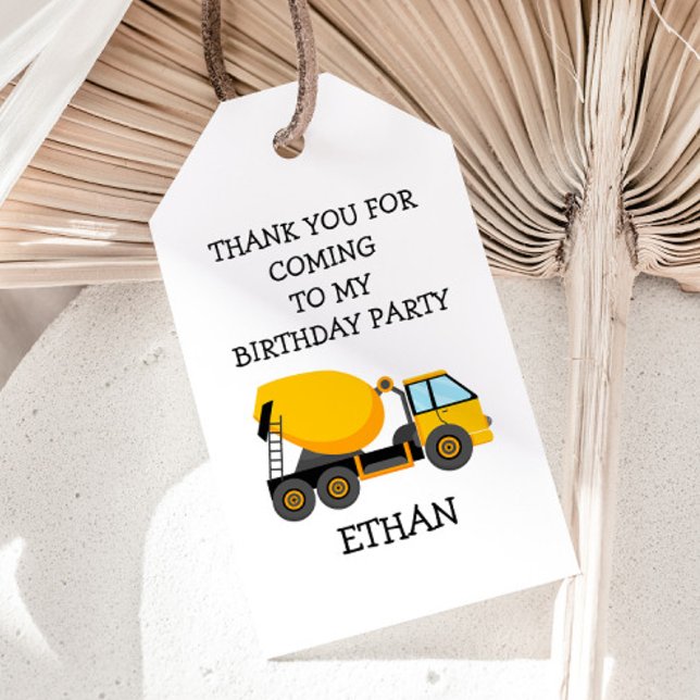 Cementbil Barnkalas Vit Presentetikett (Yellow and white construction truck child's birthday party gift tag)
